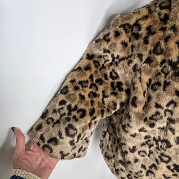 Relativity EUC crop leopard faux fur coat jacket 10 petite brown tan - Picture 7 of 17